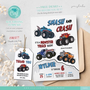 Monster Truck Birthday Printable Invitation, Trucks Birthday Party, Shift Into Gear, Self-editable Template, Corjl