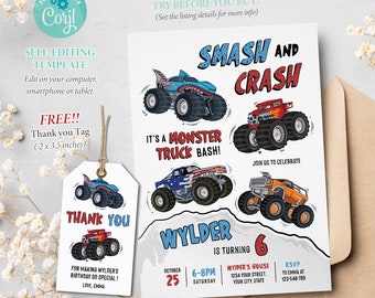 Monster Truck Birthday Printable Invitation, Trucks Birthday Party, Shift Into Gear, Self-editable Template, Corjl