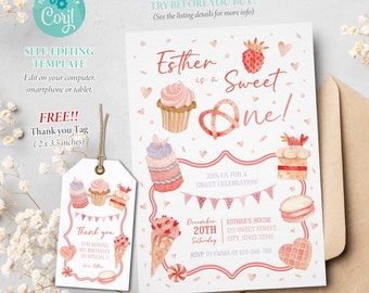 Cupcake Birthday Invitation, Sweet Party Invitation, Cupcake Invite, Girls Party, Sweet One, Strawberry Ice Cream Editable Template, Corjl