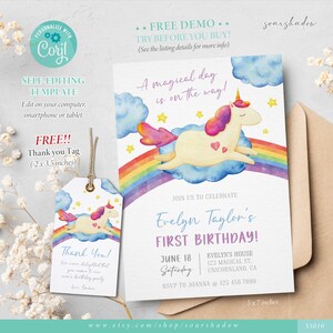Unicorn Birthday Invitation, Rainbow Unicorn Party Invitation, Girls Party, Magical Unicorn, Editable Template, Corjl