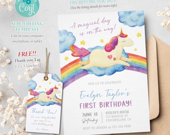 Unicorn Birthday Invitation, Rainbow Unicorn Party Invitation, Girls Party, Magical Unicorn, Editable Template, Corjl