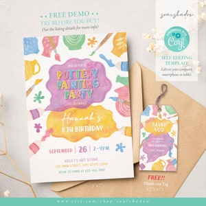 Könnte beinhalten: Eine farbenfrohe Einladung zu einer Töpfermalerei-Party zur Feier eines 8. Geburtstages. Die Einladung zeigt Aquarell-Illustrationen von Pinseln, Farbtuben und Töpferwaren. Der Text lautet "Schließen Sie sich uns zu einer Töpfermalerei-Party an, um den 8. Geburtstag von Hannah zu feiern". Die Einladung ist 12,7x17,8 cm groß.