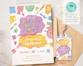 Pottery Painting Party Invitation, Painting Birthday Invitation, Art Birthday Invite, Craft Party, Corjl SS030