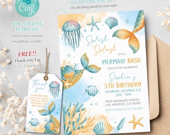Mermaid Birthday Invitation, Little Girl Princess Party Editable Template, Corjl