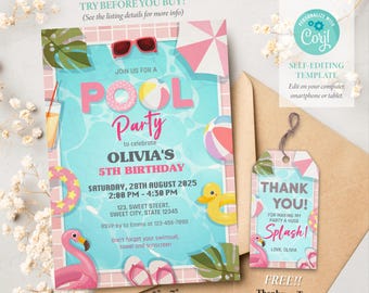 Pool Party Birthday Invitation, Girls Summer Birthday Invitation, Swimming Party Invite, Pool Party Invite, Editable Template, Corjl SS052