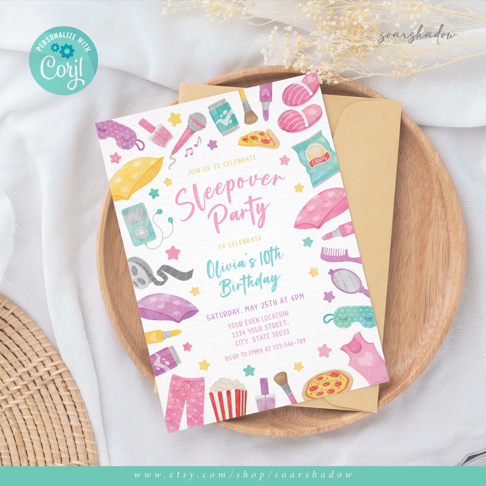 Sleepover Birthday Invitation Slumber Party Invites Pajamas Party 