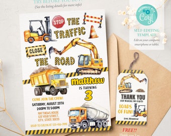 Construction Invitation, Construction Birthday Invitation, Dump Truck Party, Editable Template, Corjl SS055