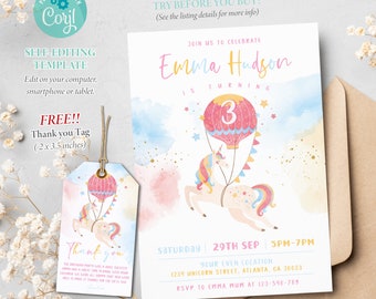 Unicorn Birthday Invitation, Flying Unicorn Editable Template, Corjl