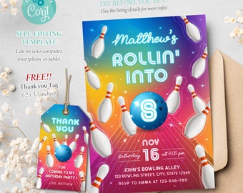 Bowling Birthday Invitation, Rolling Invitation, Bowling Invite, Bowling Glow Party, Editable Template, Corjl