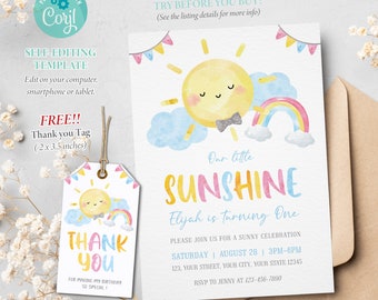 Little Sunshine Boy Birthday nvitation, My Sunshine Party, First Birthday, 1st Birthday, Our Little Sunshine, Self-editable Template, Corjl