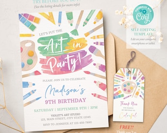 Art Birthday Invitation, Painting Birthday Invitation, Art Party, Craft Party Invite, Editable Template, Corjl SS066