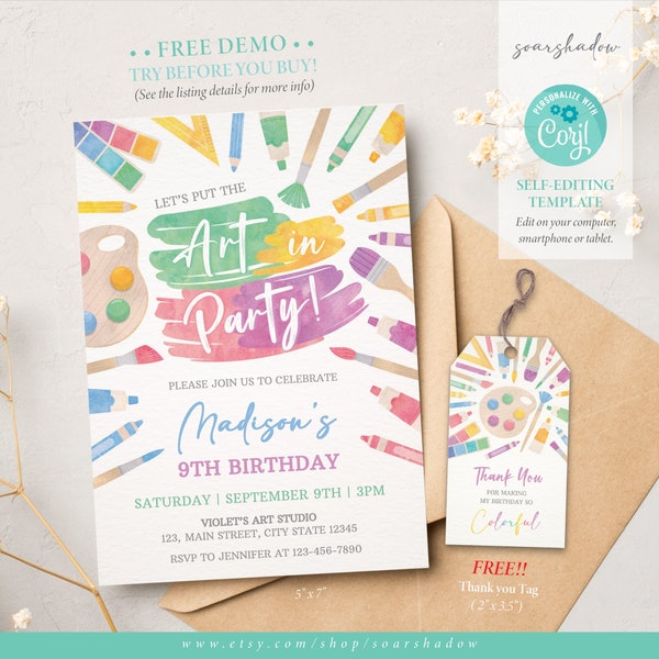 Art Birthday Invitation, Painting Birthday Invitation, Art Party, Craft Party Invite, Editable Template, Corjl SS066