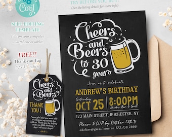 Cheers and Beers Birthday Invitation Template, 30th Birthday Printable Invitation, Editable Template, Corjl