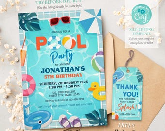 Pool Party Birthday Invitation, Summer Birthday Invitation, Swimming Party Invite, Pool Party Invitation, Editable Template, Corjl SS051