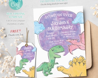 Dinosaurs Birthday Invitation, Dino Boy Birthday Party, Editable Template, Corjl