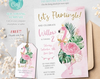 Flamingo Birthday Invitation, Let&#39;s Flamingle Party Invitation, Tropical Invite, Girls Party, Editable Template, Corjl