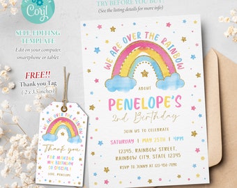 Over The Rainbow Birthday Invitation, Rainbow Party Invitation, Girls Party, Gold Glitter Star, Editable Template, Corjl
