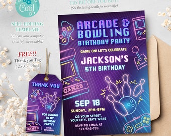 Arcade & Bowling Birthday Invitation, Strike Up Invitation, Arcade Game Invite, Neon Glow Gaming Party, Editable Template, Corjl SS047