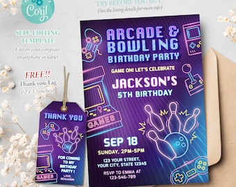 Arcade & Bowling Birthday Invitation, Strike Up Invitation, Arcade Game Invite, Neon Glow Gaming Party, Editable Template, Corjl SS047