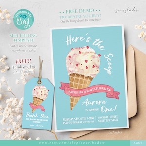 Ice Cream Birthday Invitation, Ice Cream Party Invitation, Ice Cream and Sprinkles, Here&#39;s The Scoop, Girls Party, Editable Template, Corjl