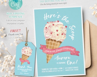 Ice Cream Birthday Invitation, Ice Cream Party Invitation, Ice Cream and Sprinkles, Here's The Scoop, Girls Party, Editable Template, Corjl