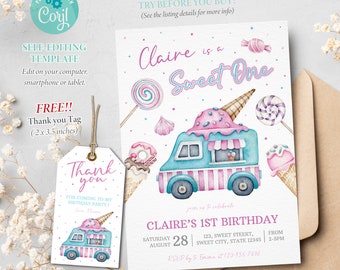 Ice Cream Birthday Invitation, Sweet Party Invitation, Ice Cream Invite, Girls Party, Sweet One, Ice Cream Truck Editable Template, Corjl