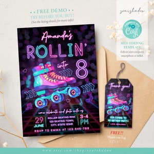 Roller Skating Geburtstagseinladung, Glow Party Einladung, Glow Roller Skating Party, Neon Glow Invite, bearbeitbare Vorlage, Corjl SS046