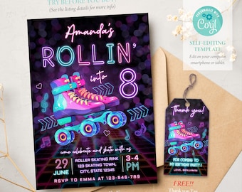 Roller Skating Birthday Invitation, Glow Party Invitation, Glow Roller Skating Party, Neon Glow Invite, Editable Template, Corjl SS046