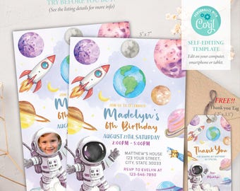 Space Birthday Invitation, Planet Rocket Astronaut Invite, Space Birthday Party, Outer Space Blast off, Editable Template, Corjl SS068