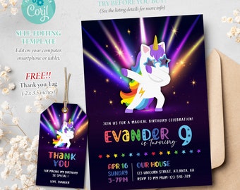 Dabbing Unicorn Birthday Invitation, Dab Unicorn Party Editable Template, Unicorn Thank You Tag, Corjl