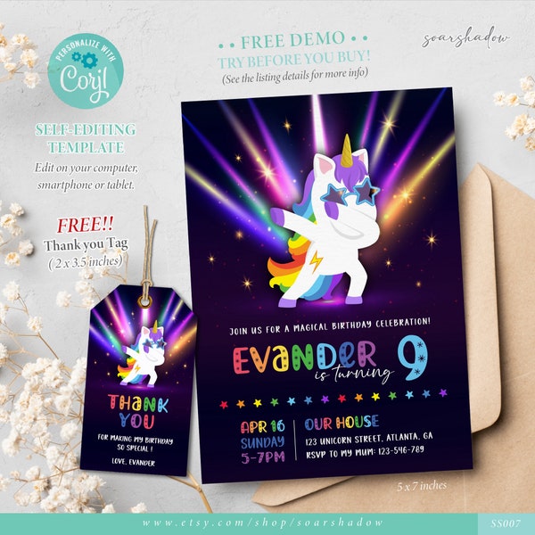 Dabbing Unicorn Birthday Invitation, Dab Unicorn Party Editable Template, Unicorn Thank You Tag, Corjl