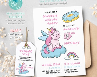 Unicorn Birthday Invitation, Unicorn Party Self-editable Template, Unicorn Thank You Tag, Corjl