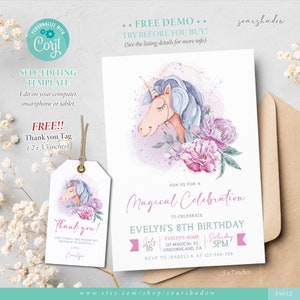 Magical Unicorn Birthday Invitation Printable, Unicorn Party Editable Template, Unicorn Thank You Tag, Corjl