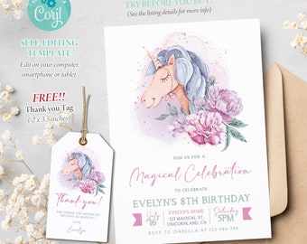 Magical Unicorn Birthday Invitation Printable, Unicorn Party Editable Template, Unicorn Thank You Tag, Corjl