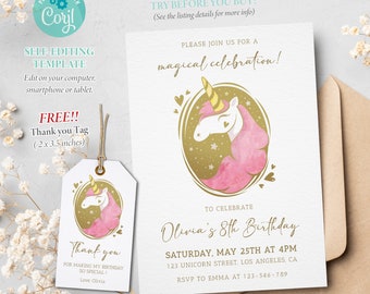 Unicorn Birthday Invitation, Magical Celebration, Girl Pink Gold Unicorn Invitation, Editable Template, Corjl