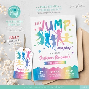 Jump Birthday Invitation, Jump Party, Trampoline Party, Bounce House Party, Self Editable Template, Corjl SS040