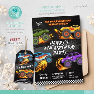 Monster Truck Birthday Invitation, Trucks Birthday Party, Rev Your Engines, Self-editable Template, Corjl