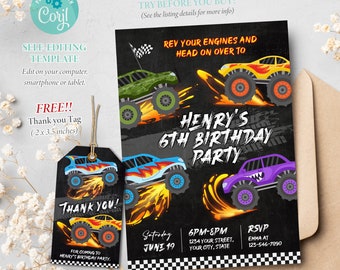 Monster Truck Birthday Invitation, Trucks Birthday Party, Rev Your Engines, Self-editable Template, Corjl