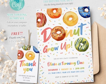 Donut Birthday Invitation, Donut Party Invitation Printable, Donut Grow Up, Editable Template, Corjl