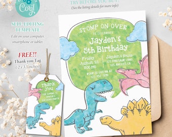 Dinosaurs Birthday Invitation, Dino Boy Birthday Party Invitation, Editable Template, Corjl