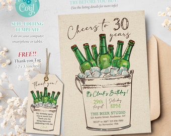 Cheers Birthday Invitation Printable, Beers Corjl Editable Template