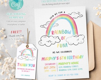 Rainbow Birthday Invitation, Rainbow Party Invitation, Girls Party, Clouds, Editable Template, Corjl