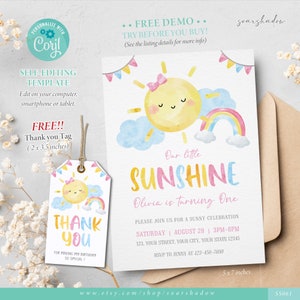 Faire-part d'anniversaire filles Little Sunshine, My Sunshine Party, premier anniversaire, 1e anniversaire, Our Little Sunshine, modèle modifiable, Corjl