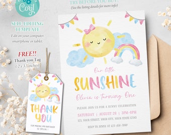 Little Sunshine Girls Birthday Invitation, My Sunshine Party, First Birthday, 1st Birthday, Our Little Sunshine, Editable Template, Corjl