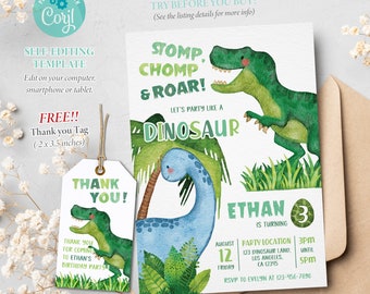 Dinosaurs Birthday Invitation, Dino Party Invitation, Dinosaur Party, Stomp Chomp Roar, Editable Template, Corjl