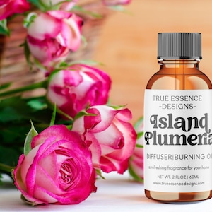 May include: A brown glass bottle with a black cap and a white label. The label reads "TRUE ESSENCE -DESIGNS- Island Plumeria DIFFUSER|BURNING OIL a refreshing fragrance for your home NET WT. 2 FLOZ | 60ML www.trueessencedesigns.com". The bottle is sitting on a white surface with pink roses in the background.