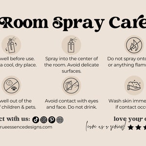 May include: A beige graphic with black text providing room spray care instructions. The text includes instructions to shake before use, spray into the center of the room, and avoid flames. It also advises keeping out of reach of children and pets.