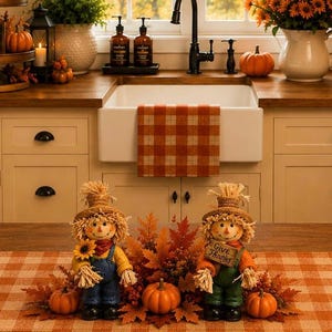 May include: Two scarecrow figurines stand on a table, one wearing blue overalls and holding a sunflower, the other in green overalls holding a sign that reads Give Thanks. They are surrounded by orange autumn leaves and small orange pumpkins.