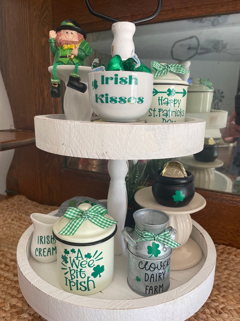 St. Patricks decor, St. Patricks tiered tray decor, Irish Decor, St, Patricks canister, Pot of Gold, mini canister image 3