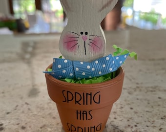 Mini hand painted clay pots, spring time, bunnies